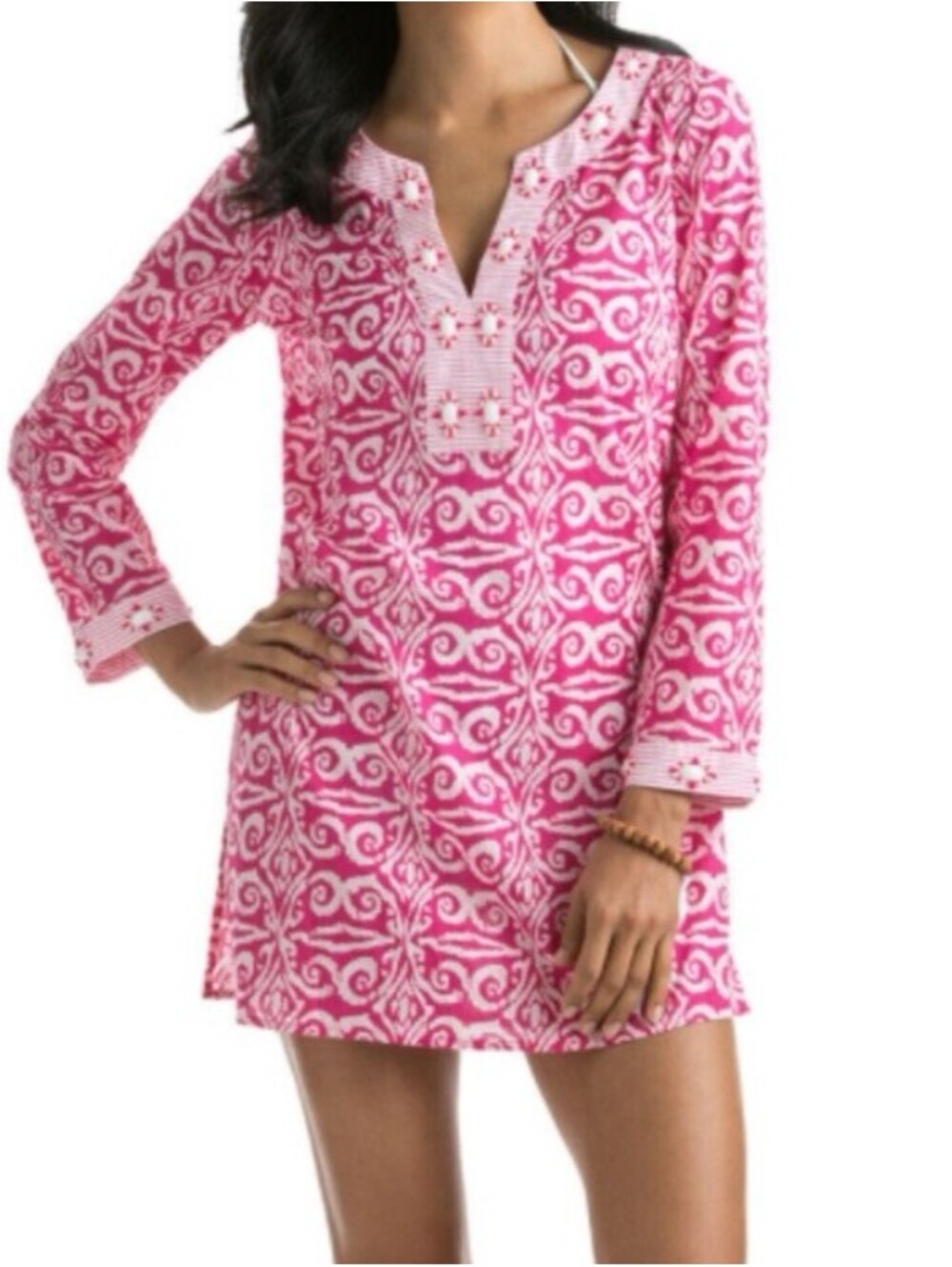VINEYARD VINES pink white printed beaded kaftan sz M